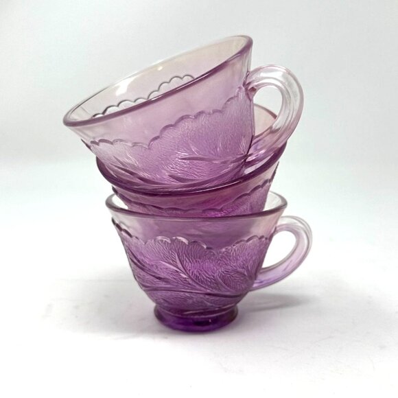 Vintage Indiana Glass Pebble Leaf Tea Cups Pink Floral Pressed 3pc Set - Picture 13 of 16